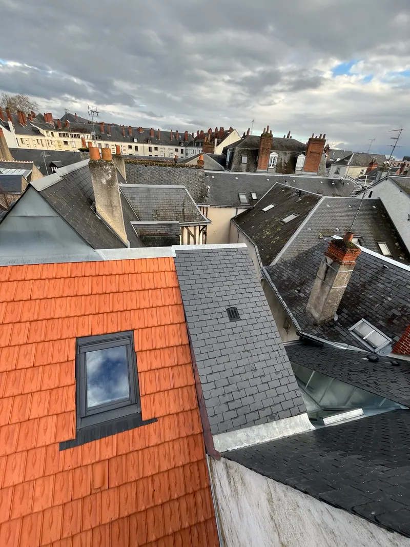 Toiture rénovée en ardoise et en tuiles avec une fenêtre de toit